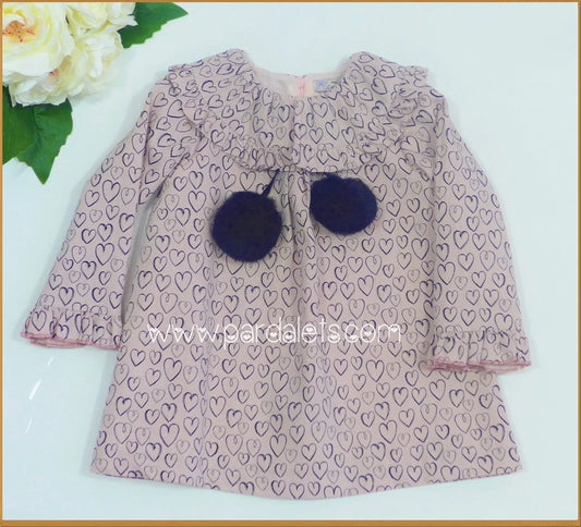 Vestido rosa con corazones negros y 2 pompones - PARDALETS
