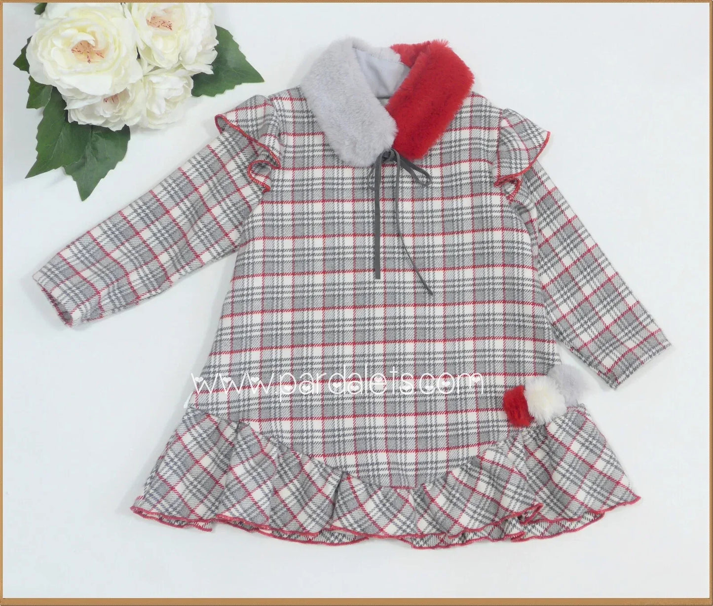 Vestido cuadros rojos y grises con cuellito pelo - PARDALETS