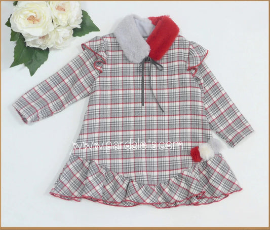 Vestido cuadros rojos y grises con cuellito pelo - PARDALETS