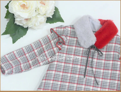 Vestido cuadros rojos y grises con cuellito pelo - PARDALETS
