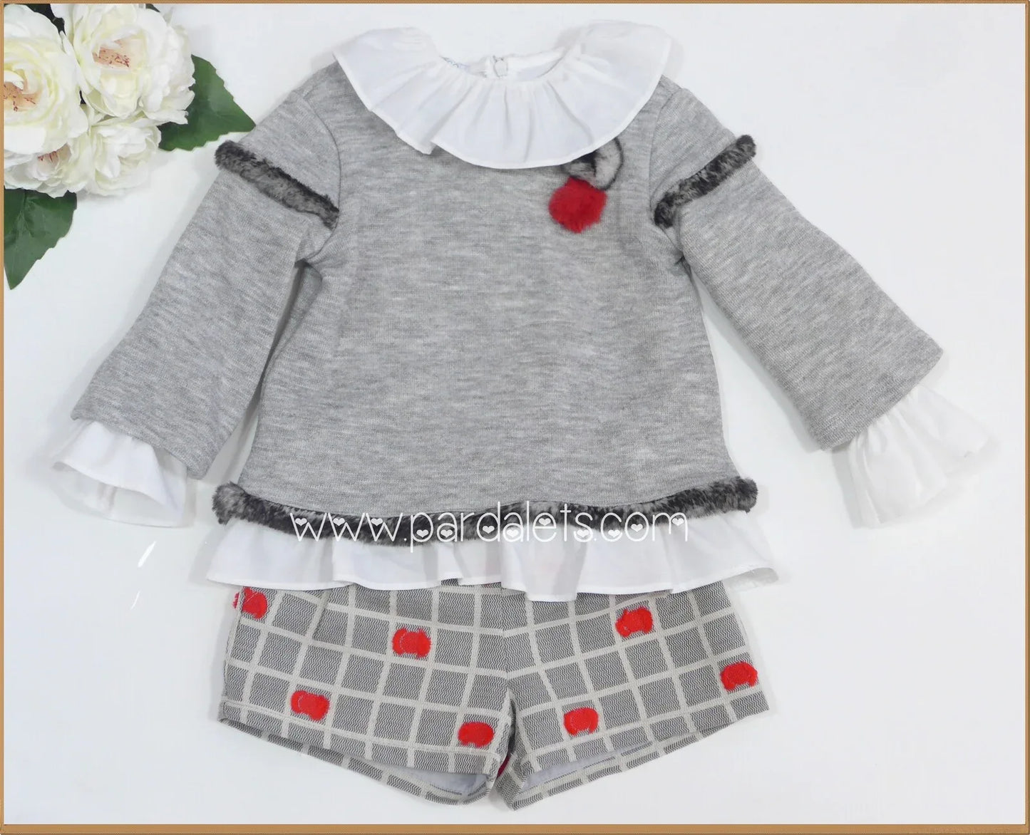 Conjunto sudadera, camisa y short cuadros topos rojos - PARDALETS