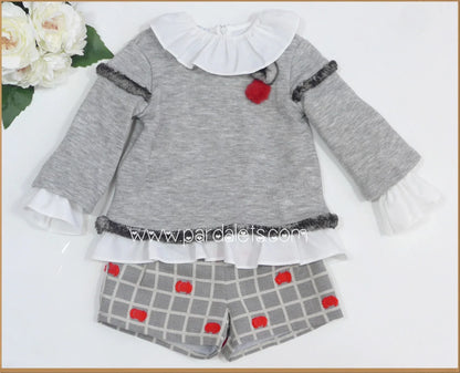 Conjunto sudadera, camisa y short cuadros topos rojos - PARDALETS