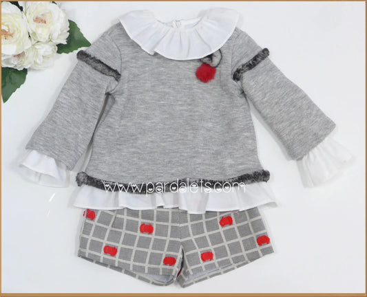 Conjunto sudadera, camisa y short cuadros topos rojos - PARDALETS