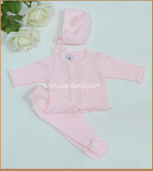Jubon lana rosa con puntilla, polaina y capota con 2 pompones