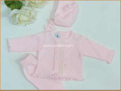 Jubon lana rosa con puntilla, polaina y capota con 2 pompones - PARDALETS