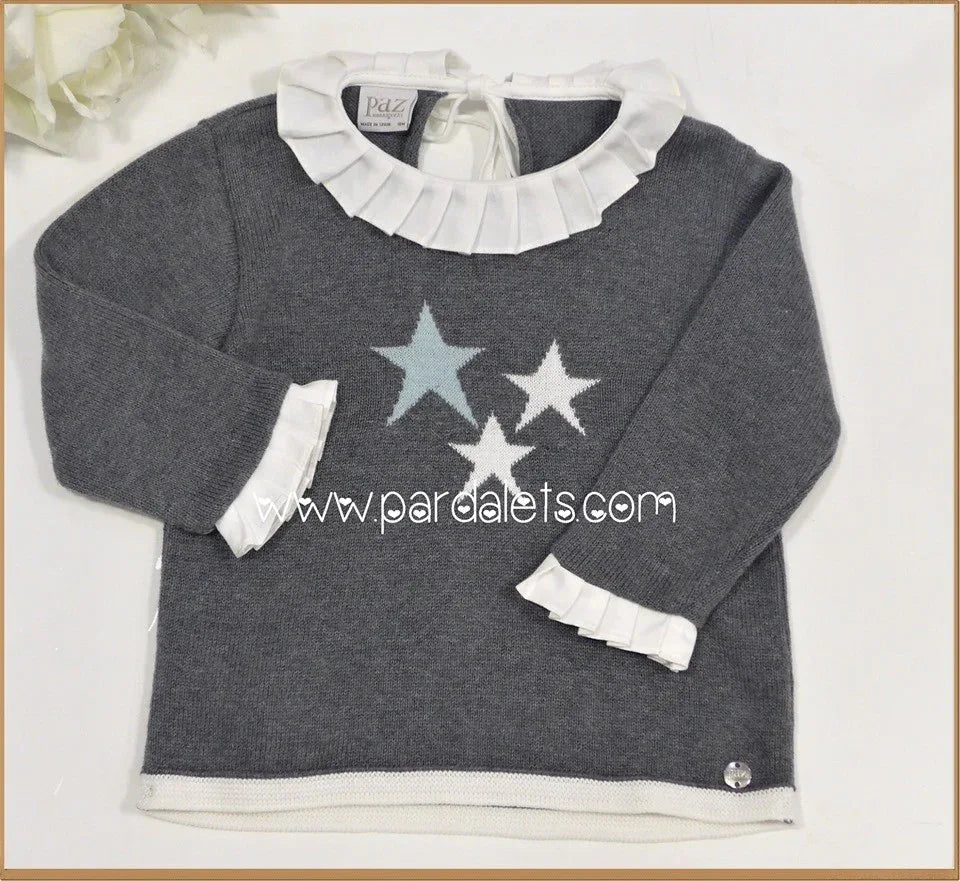 Jersey lana gris con cuello plisado y estrellas bicolor - PARDALETS