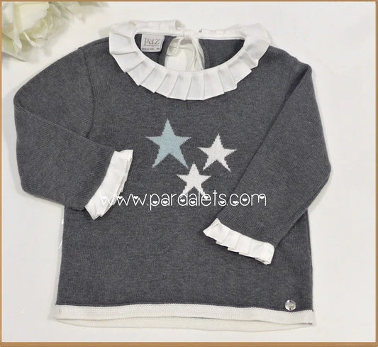 Jersey lana gris con cuello plisado y estrellas bicolor - PARDALETS