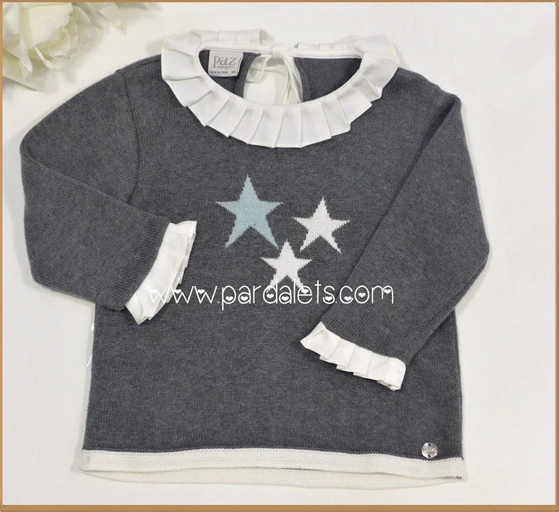 Jersey lana gris con cuello plisado y estrellas bicolor - PARDALETS