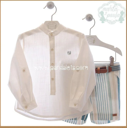 Conjunto camisa beig y short rayita verde "Klimt" - PARDALETS
