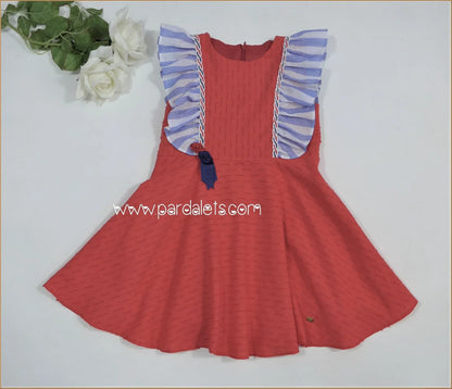 Vestido plumeti rojo con volantes rayas azules "Camelia" - PARDALETS