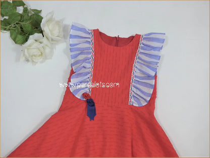 Vestido plumeti rojo con volantes rayas azules "Camelia" - PARDALETS