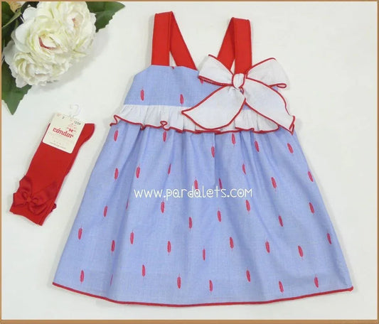 Vestido azul con plumas rojas y tirantes rojos - PARDALETS