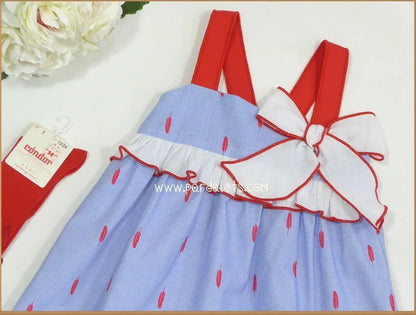 Vestido azul con plumas rojas y tirantes rojos - PARDALETS