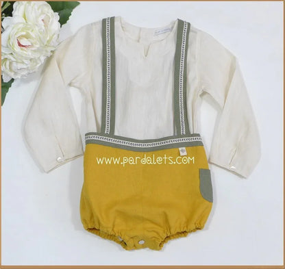 Conjunto camisa beig y bombacho mostaza tirantes verdes - PARDALETS