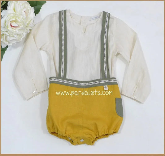 Conjunto camisa beig y bombacho mostaza tirantes verdes - PARDALETS