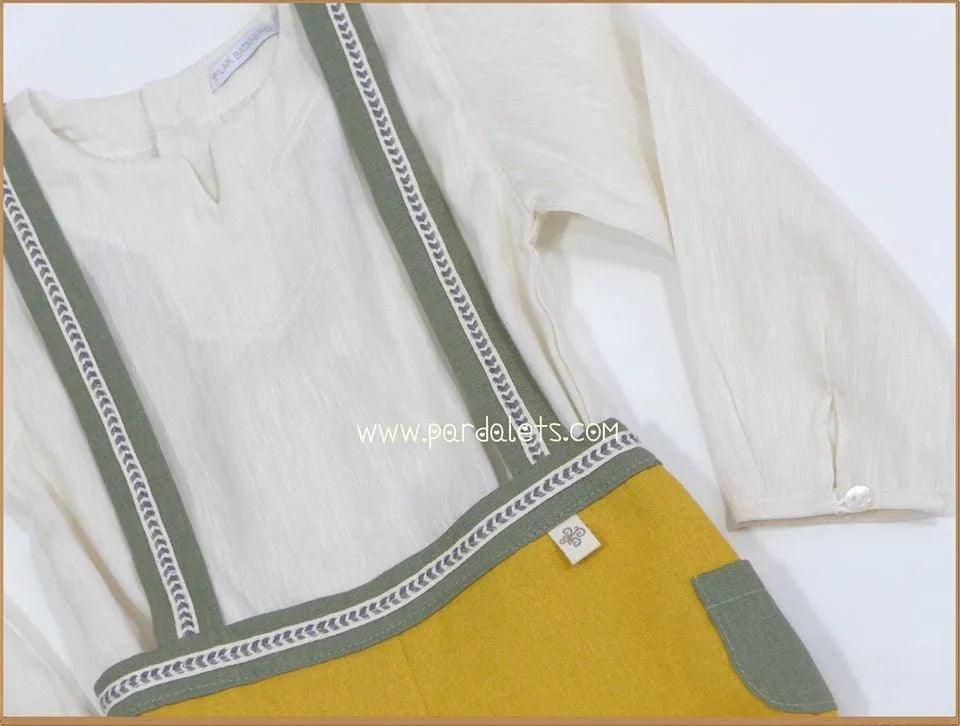 Conjunto camisa beig y bombacho mostaza tirantes verdes - PARDALETS