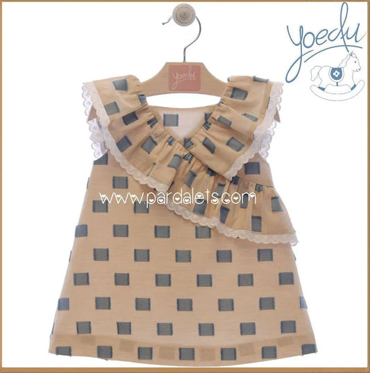 Vestido tostado con pata gallo azul gigante "Azucena" - PARDALETS