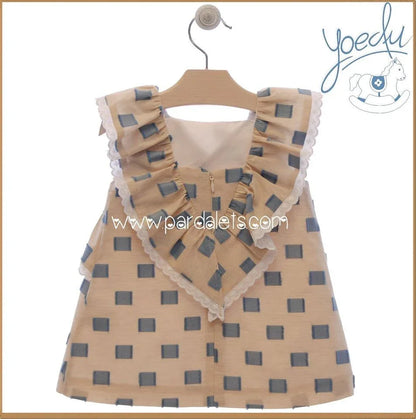 Vestido tostado con pata gallo azul gigante "Azucena" - PARDALETS
