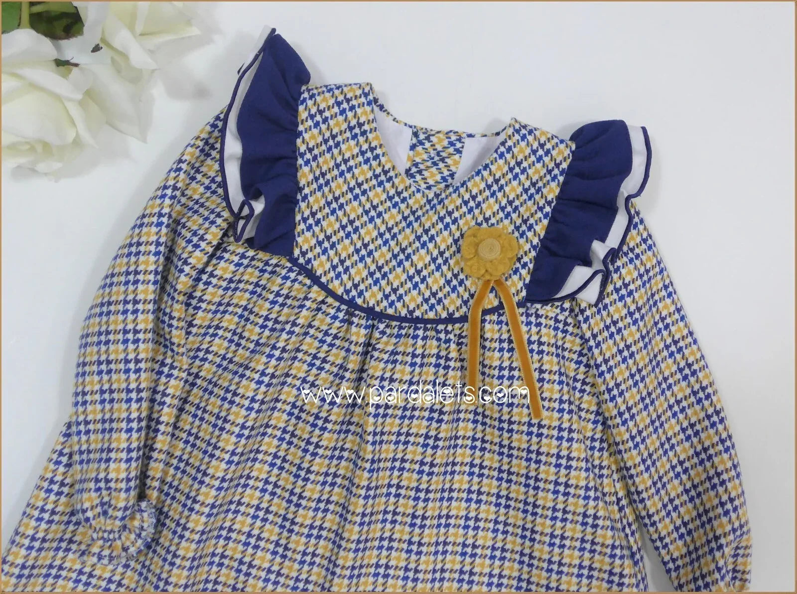 Vestido de pata de gallo azul y mostaza "Arlequin" - PARDALETS