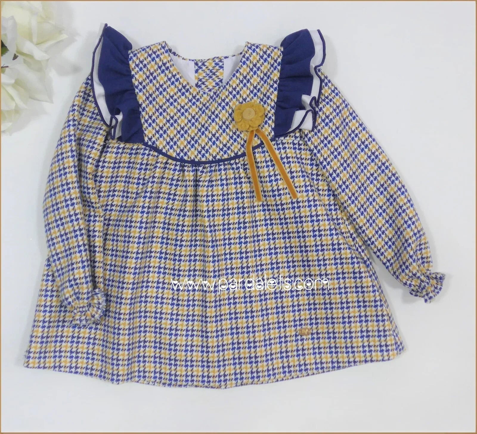 Vestido de pata de gallo azul y mostaza "Arlequin" - PARDALETS