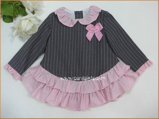 Vestido gris con rayita y volantes rosas "Circo" - PARDALETS