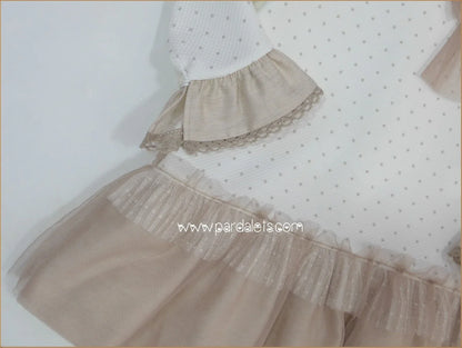 Vestido blanco con topitos y volante tostado tul "Saltarin" - PARDALETS
