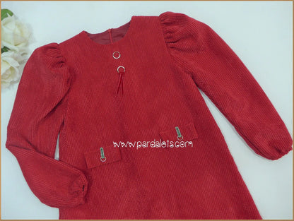 Vestido pana rojo con detalle bolsillos "Pespunte" - PARDALETS