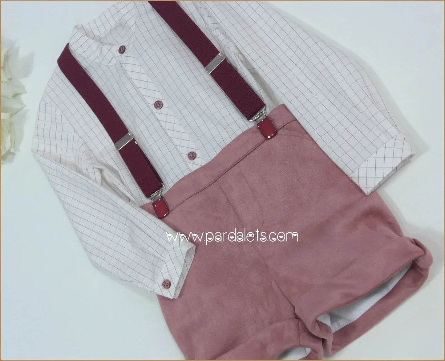 Conjunto camisa rayitas y short rosa con tirantes "Dedal" - PARDALETS