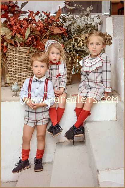 Vestido cuadros rojos y grises cuello volante "Patchwork" - PARDALETS