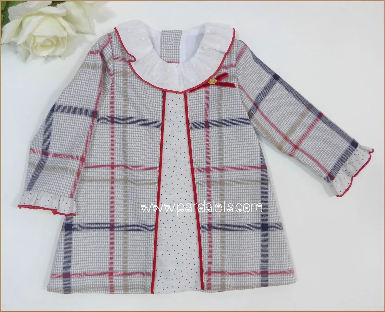 Vestido cuadros rojos y grises cuello volante "Patchwork" - PARDALETS