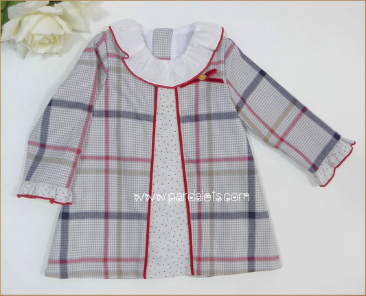 Vestido cuadros rojos y grises cuello volante "Patchwork" - PARDALETS