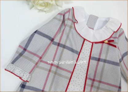Vestido cuadros rojos y grises cuello volante "Patchwork" - PARDALETS