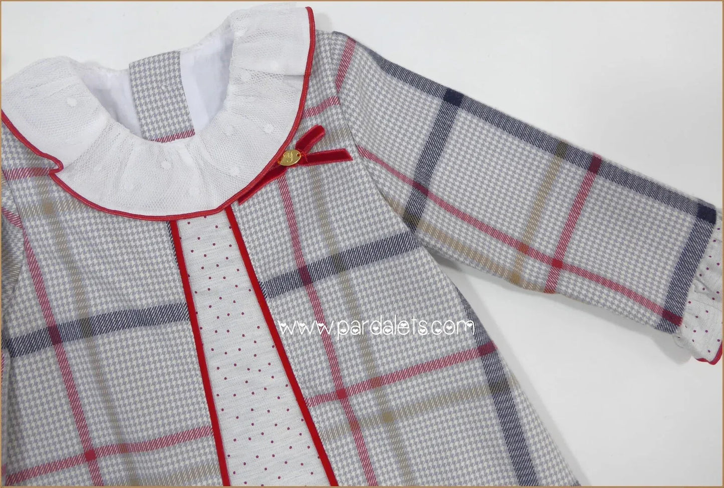 Vestido cuadros rojos y grises cuello volante "Patchwork" - PARDALETS