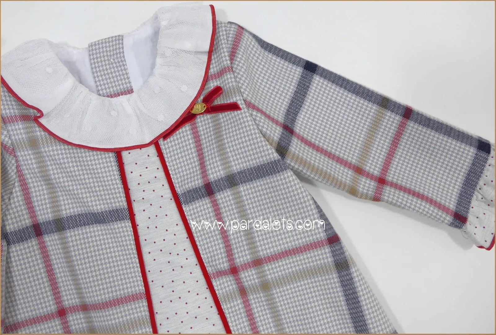 Vestido cuadros rojos y grises cuello volante "Patchwork" - PARDALETS