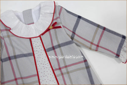 Vestido cuadros rojos y grises cuello volante "Patchwork" - PARDALETS