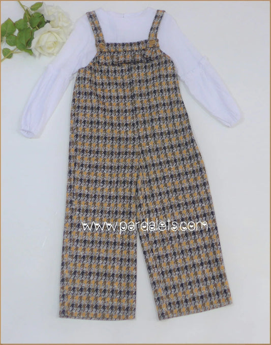 Mono estampado gris y mostaza y blusa blanca "Carnaval" - PARDALETS