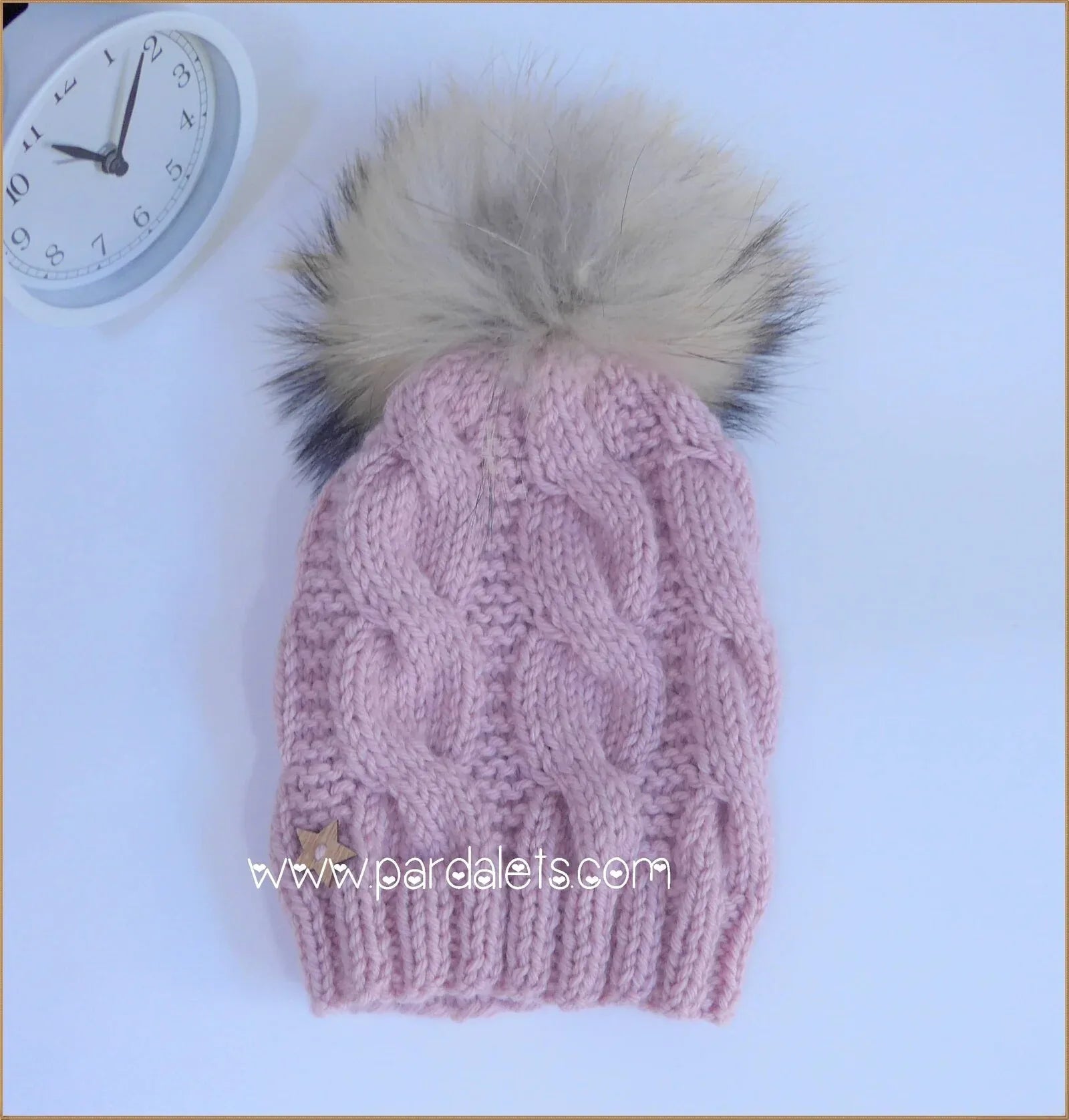 Gorro lana merino rosa maquillaje pompon pelo natural - PARDALETS