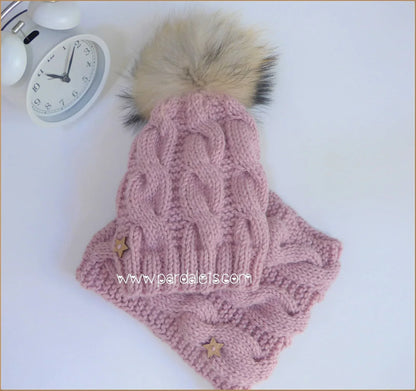 Gorro lana merino rosa maquillaje pompon pelo natural - PARDALETS