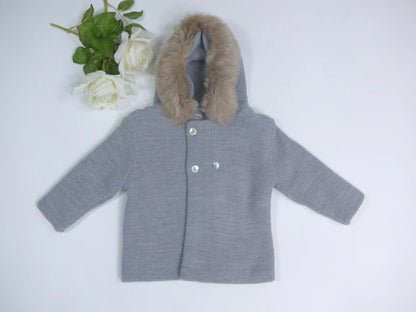 Trenka punto doble lana gris con capucha pelo sintetico - PARDALETS