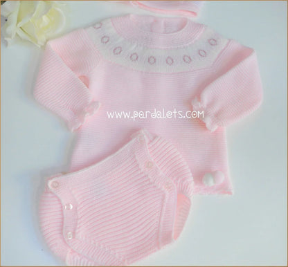 Jersey lana rosa con greca, braguita y capota - PARDALETS