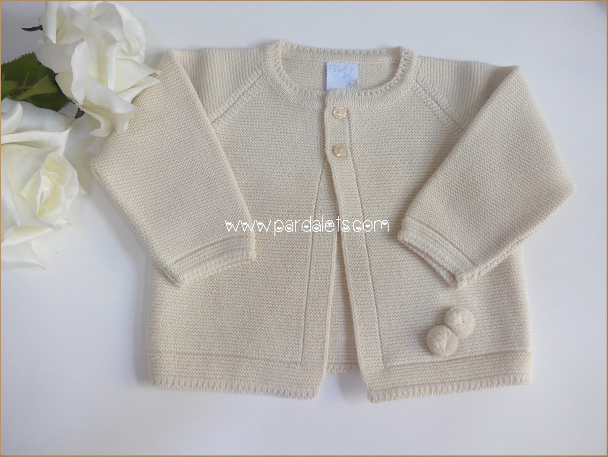 Chaqueta lana punto bobo arena larga con 2 pompones