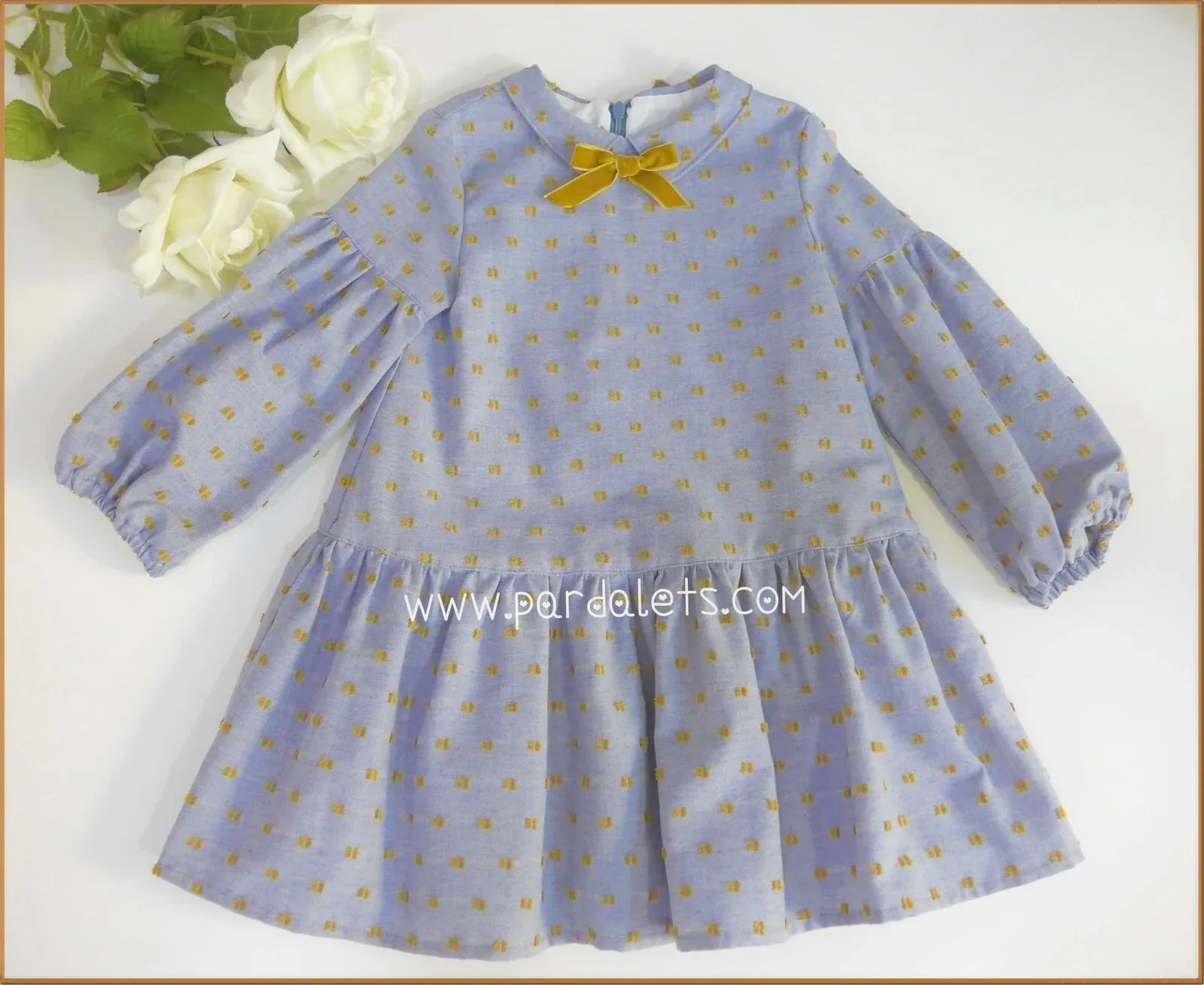 Vestido azul con plumeti mostaza - PARDALETS