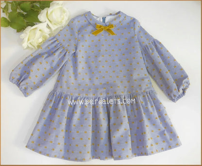 Vestido azul con plumeti mostaza - PARDALETS