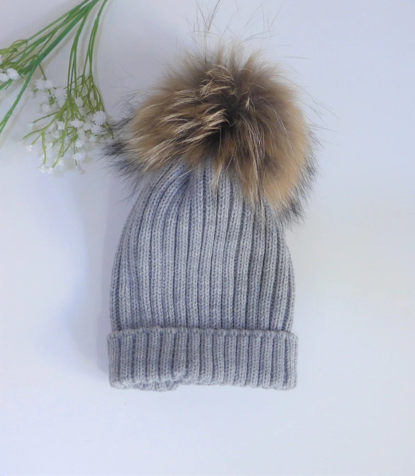 Gorro canale gris pompon pelo natural - PARDALETS