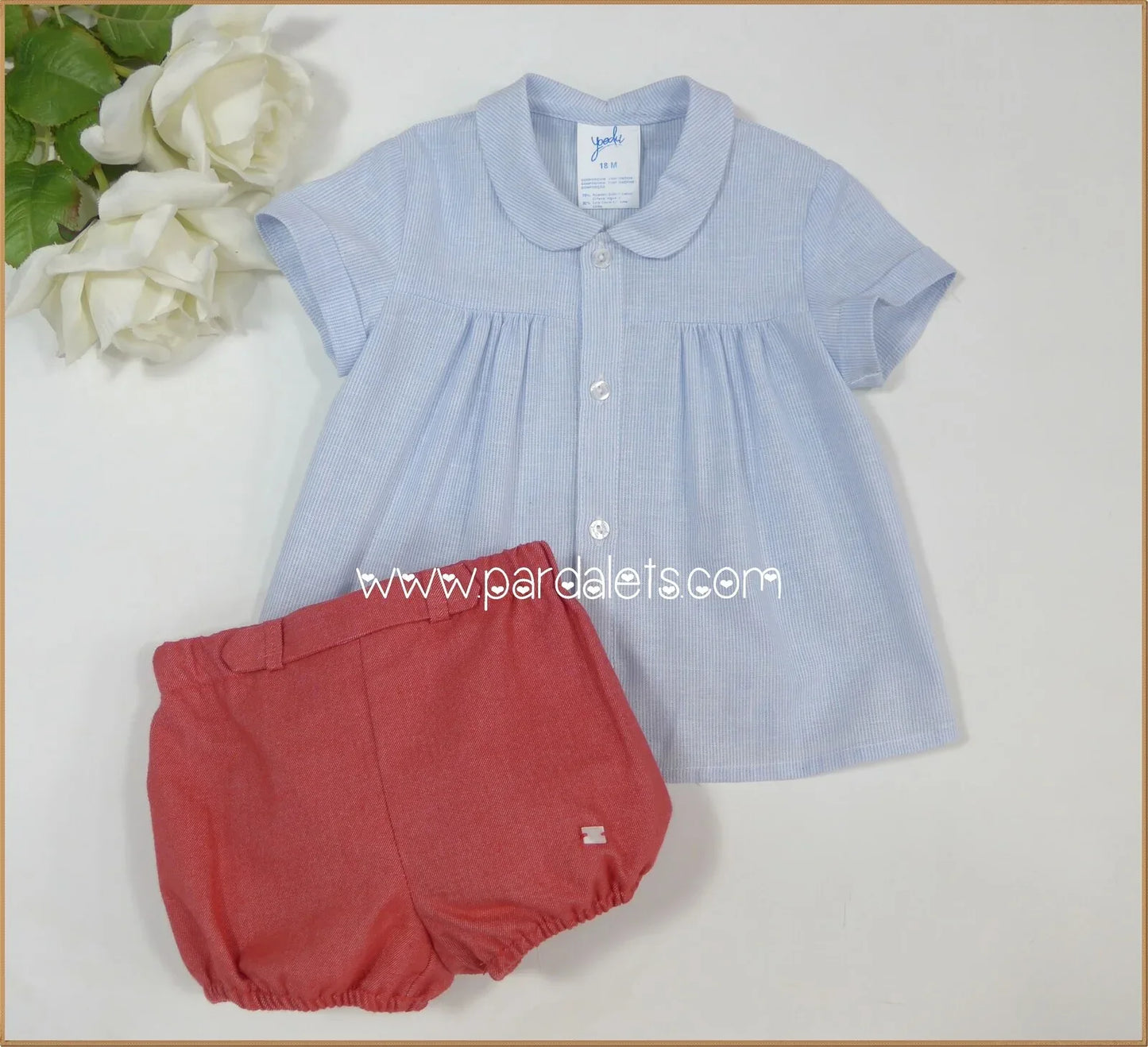 Conjunto blusa rayitas azules y bombacho rojo "Frambuesa" - PARDALETS