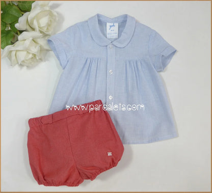 Conjunto blusa rayitas azules y bombacho rojo "Frambuesa" - PARDALETS