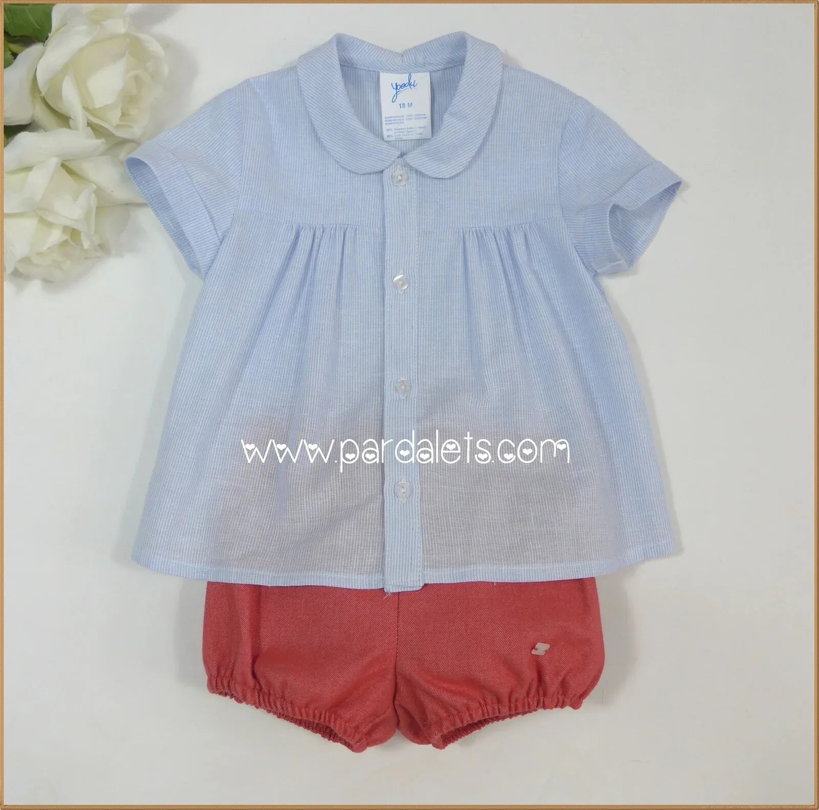 Conjunto blusa rayitas azules y bombacho rojo "Frambuesa" - PARDALETS