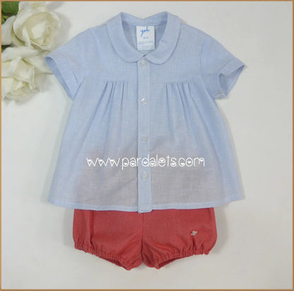 Conjunto blusa rayitas azules y bombacho rojo "Frambuesa" - PARDALETS
