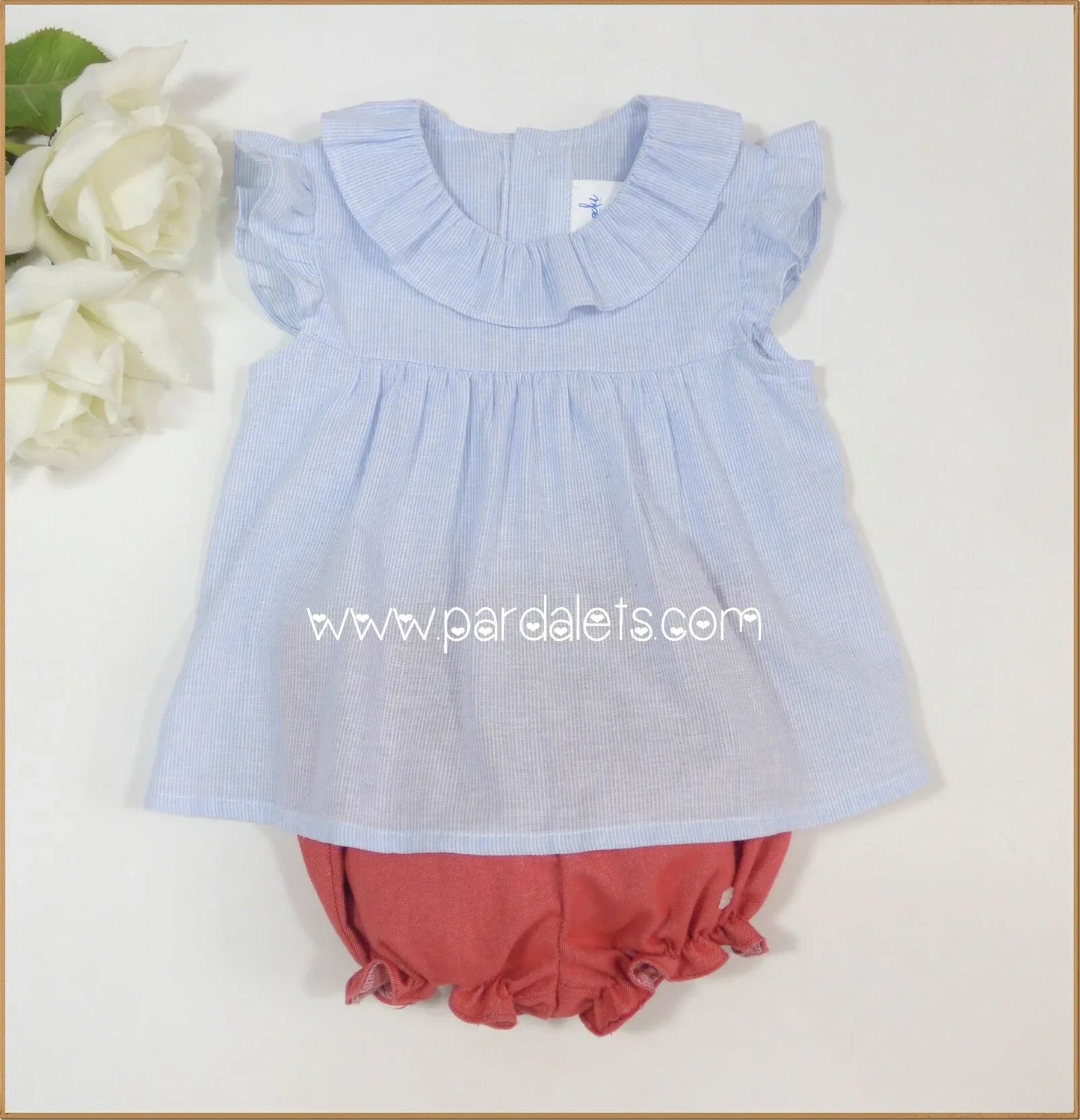 Conjunto blusita rayitas azules y culote rojo "Frambuesa" - PARDALETS