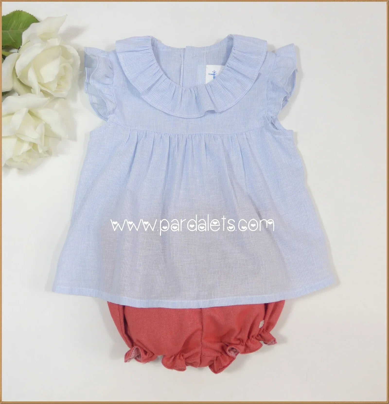 Conjunto blusita rayitas azules y culote rojo "Frambuesa" - PARDALETS